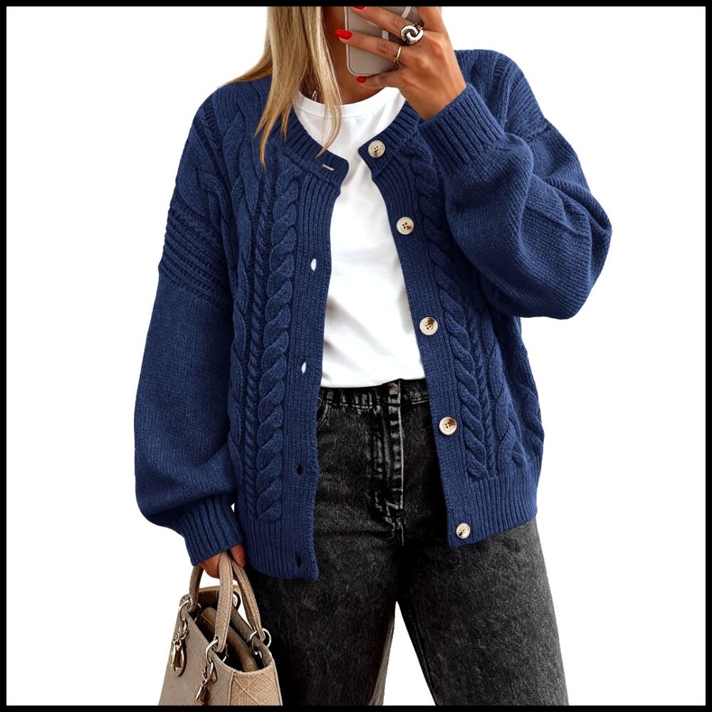 Chunky Cable Knit Cardigan Sweater Button Front Loose Fit Winter